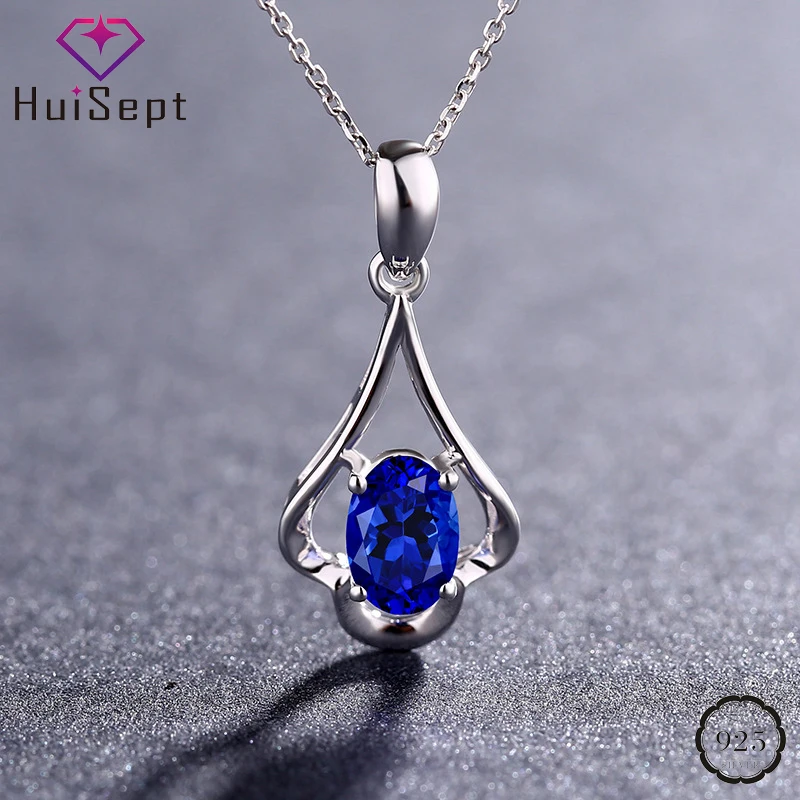 

HuiSept Elegant Necklace 925 Silver Jewelry Accessories for Women Wedding Oval Shape Sapphire Gemstone Pendant Gift Dropshipping