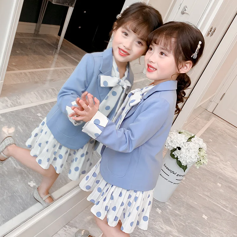 Kids Blazers Sets Spring Autumn Girls Casual 2pcs Dress Suits Jackets Single Breasted Polka Dot Sweet Children\'s Clothes H1