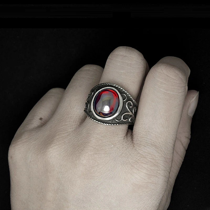 Vintage Stainless Steel Gothic Rings for Men And Women Engraved Flowers With Red Garnet Natural Stone Fine Jewellery