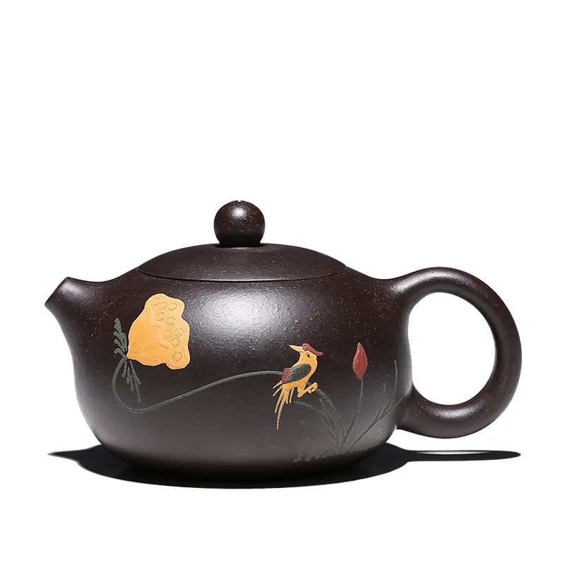 Black  Mud Yixing Teapot, Pure Hand Handmade, Colorful Mud Painted Flower, Bird, Xi Shi Pot, Purple Clay, 188 Ball Hole, 170m