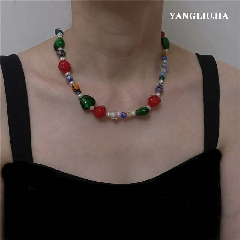 Colored Heart-shaped Glass Pearl Necklace Europe United States Temperament Personality Fashion Chain Of Clavicle Ms Girl Jewelry