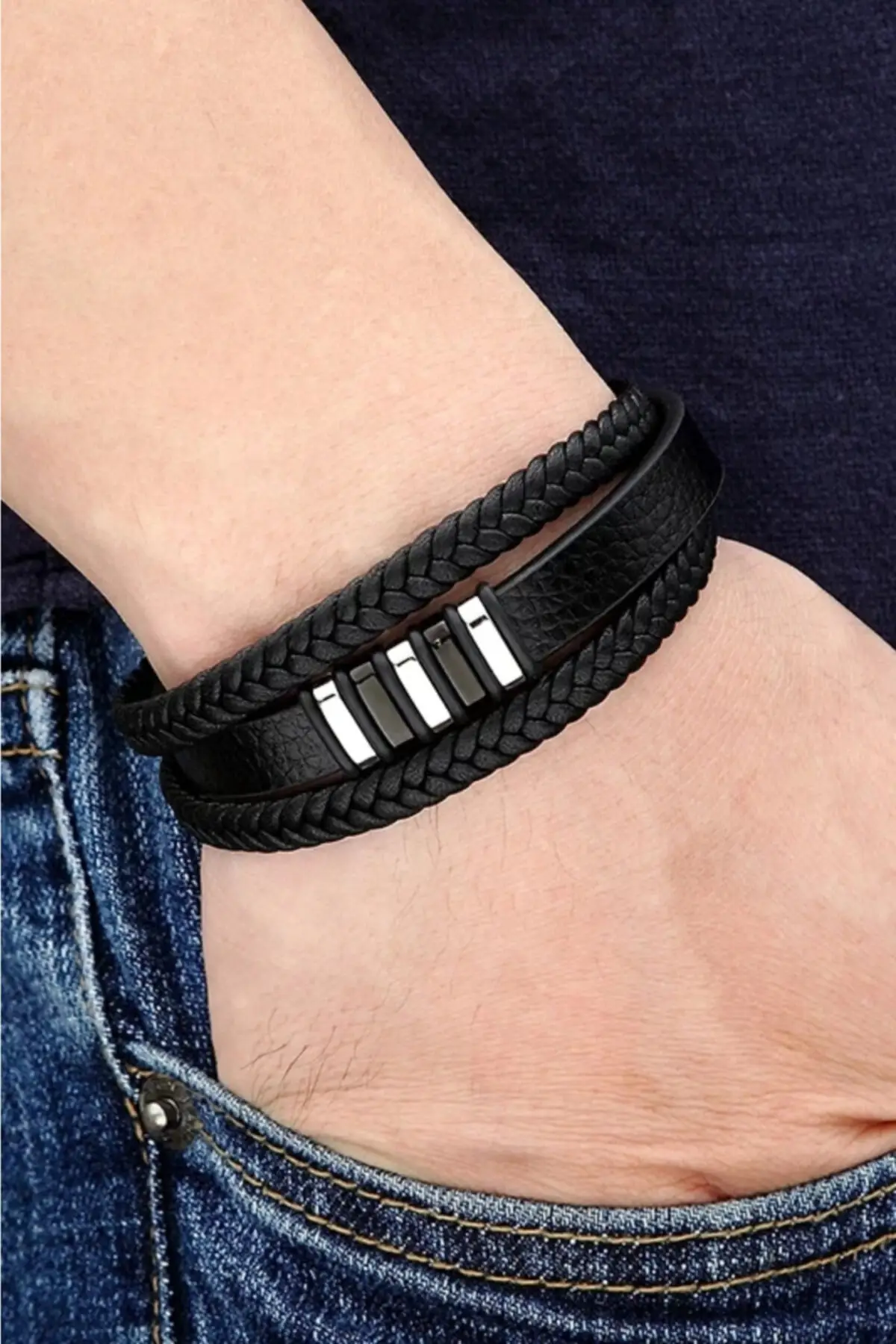 

Male Bracelet Genuine Leather Knitted Wire Mesh