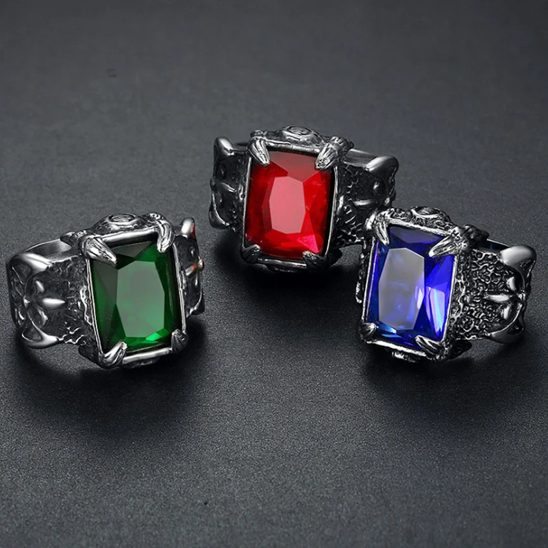 Classic Dragon Claw Blue/Black/Green/Red Zircon Big Stone Ring Men Stainless Steel Nordic Axe Viking Rings Punk Biker Jewelry