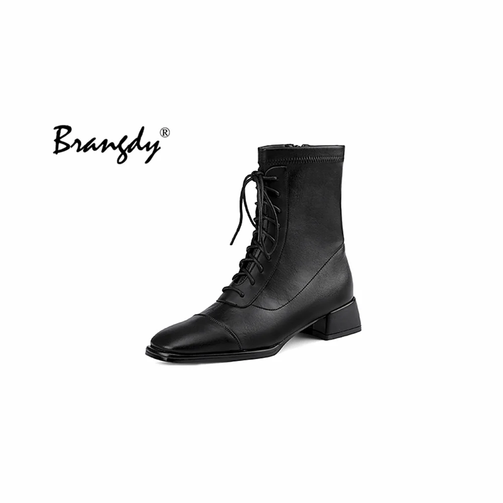 

Brangdy Women Boots New Comfortable High Quality Leather Black Motorcycle Boots Zipper On Both Sides Lace Up Women Shoes