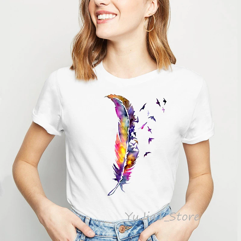 

Watercolor Feather Birds Print Kawaii T Shirt Femme Summer Top Female White Tshirt Tumblr Clothes Streetwear Drop Shipping