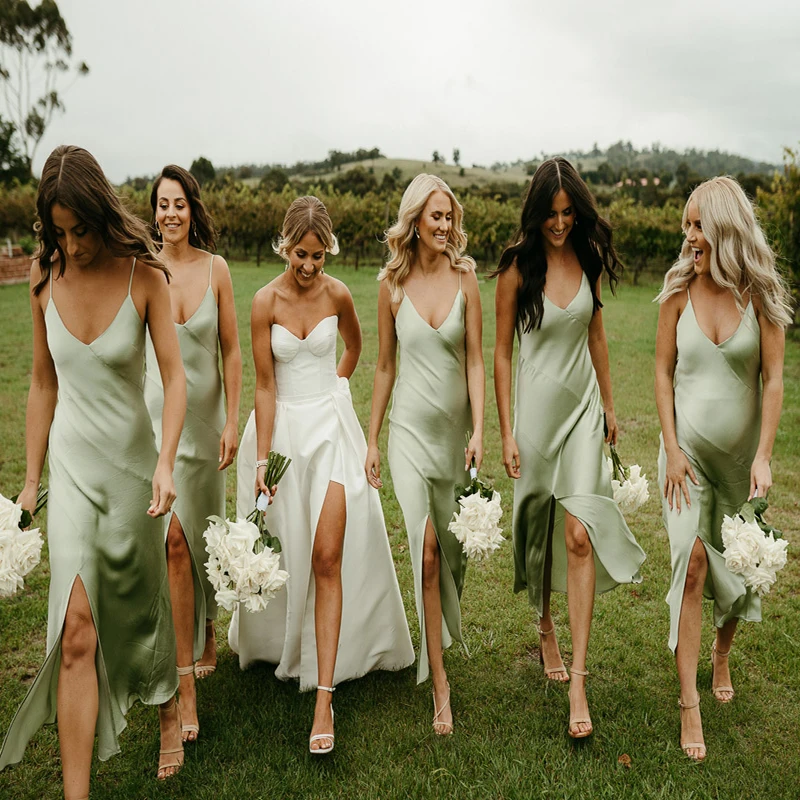 Rustic Sage Green Silj Satin Bridesmaid Dresses 2022 Sexy Spaghetti Straps Ankle Length Night Formal Maid Of Honor Evening Dress