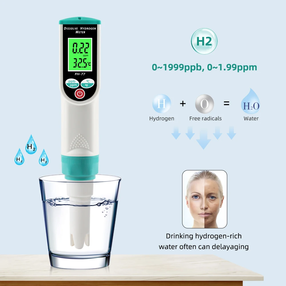 Digital 2 in 1 Temp Dissolved Hydrogen Meter 0~1999ppb LCD Display Analyzer Water Quality Tester for Drinking Water Laboratory