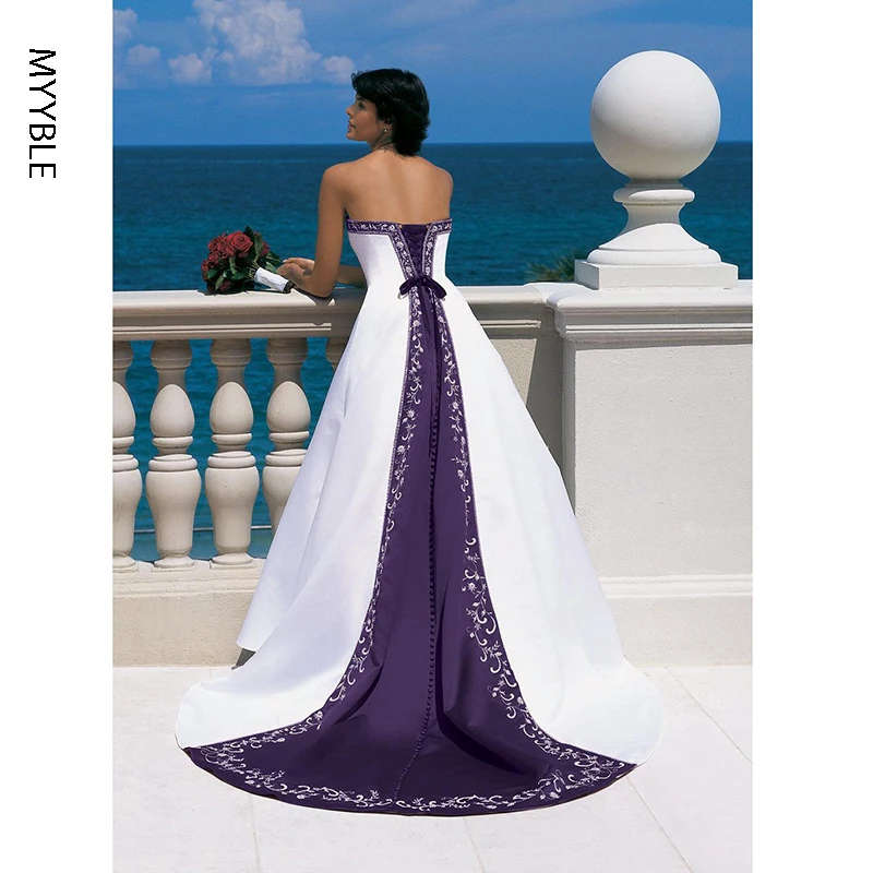 Vestido De Novia Satin Embroidery Wedding Dresses Strapless Lace-up Court Train Bride Gowns Colored Free Customized
