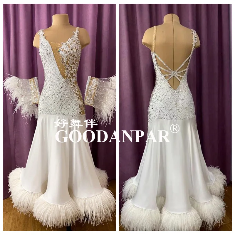 GOODANPAR New Standard Ballroom Dance Dress Women Girls Competition Costume Sleeveless Lycra Waltz Stage ostrich feather Sleeve