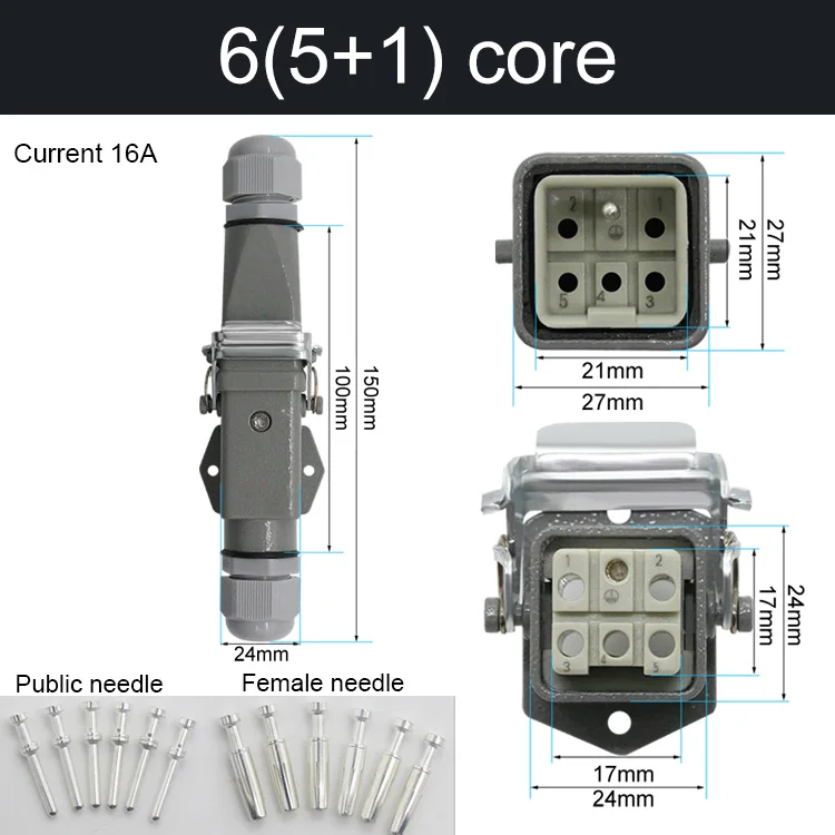 HDC-HA Rechthoekige Heavy Duty Connector 10A 16A 4 5 6 8-pins kern Luchtvaart Waterdichte industriële stopcontact