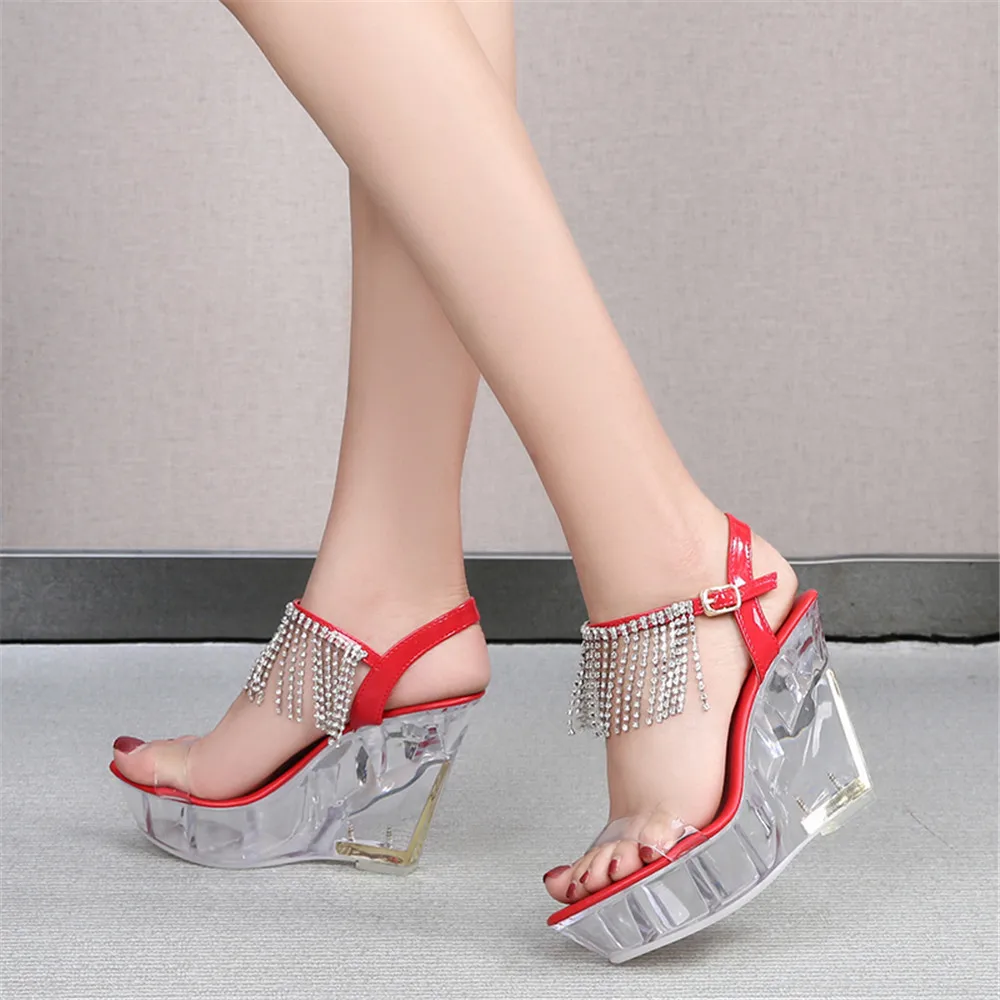 2024 Sexy Slope High Heel 10CM Nightclub Sandals Fashion Women Catwalk Pole Dancing Party Crystal Bottom Buckle Strap Shoe 34-43