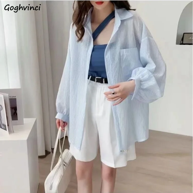 

Shirts Women Long Sleeve Loose Striped Retro Fashion All-match Bf Casual Sweet Teen Girls Tops Summer Sunproof Ulzzang Chic Ins