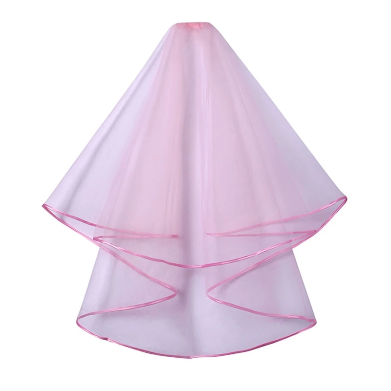 Double Layer Mesh Tulle Solid Color Women Short Wedding Veil with Comb Ribbon Edge Center Cascade Bride Party Headpiece image 2