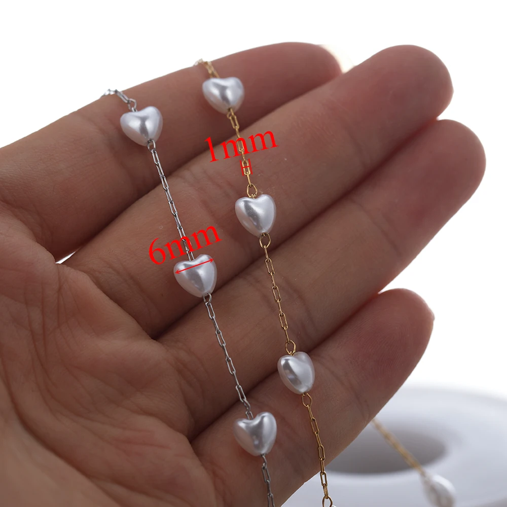 2 Meter Edelstahl-Herz-Ketten mit Kunstperlen für DIY Handgemachte Damenmode-Halsketten, Schmuckherstellungszubehör – Detail 3