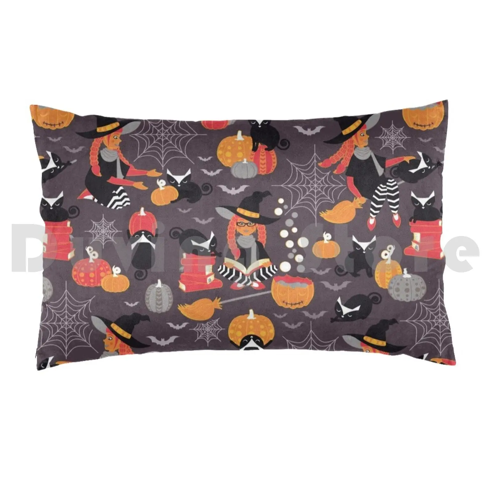 Enchanted Vintage Halloween Spell Pillow Case Printed 35x50 Pattern Patterns Purple Orange Black Cat Red