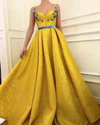 Yellow Moroccan Evening Dresses A-line Spaghetti Straps Lace Beaded Long Turkey Dubai Saudi Arabia Prom Dress Gown