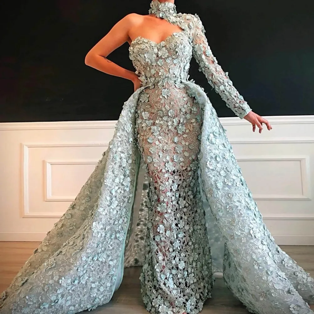 Robe de bal en dentelle à fleurs 3D, magnifique, asymétrique épaule dénudée, Sexy, avec traîne détachable, 2021