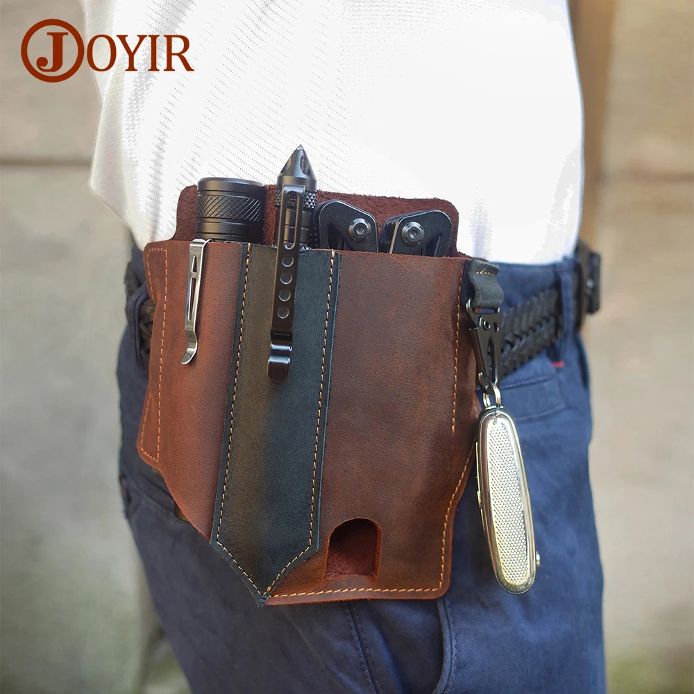 JOYIR Crzay Horse Leather Multitool Sheath EDC Flashlight Holster 3 Pockets Organizer Sheath for Knives Tactical Pen