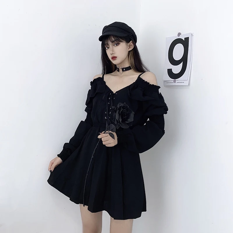 Women Dress M-4XL Lace Up Black Autumn 2024 Sexy High Waist Femme Dresses Off Shoulder Long Sleeve Gothic Clothes