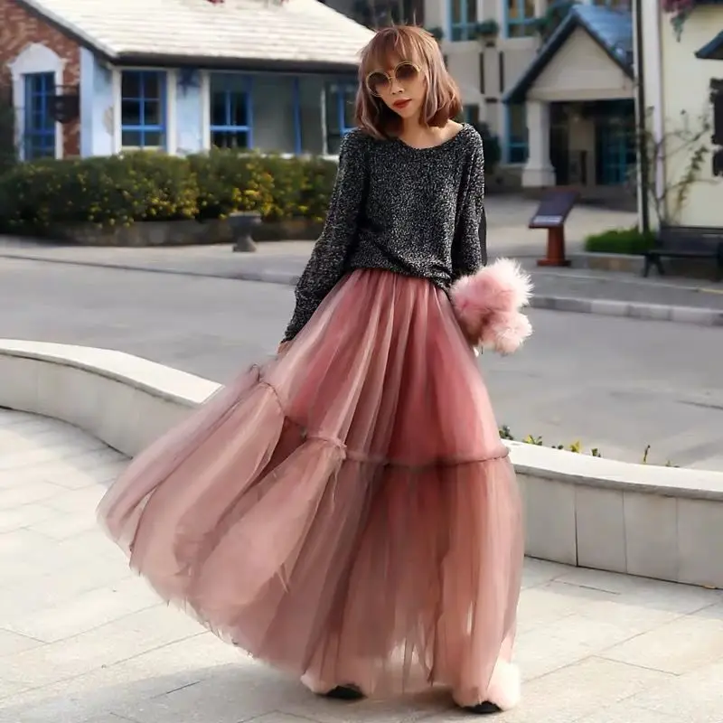 Winter Vintage Gothic Pleated Long Tulle Skirt Tutu Femme High Waisted Runway Mesh Long Skirts Korean Fashion Clothing Q661