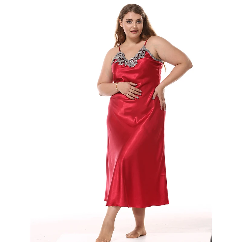 Factory Outlet Satin Silk Nightdress Women\'s Big Size Imitation Silk Nightgowns Lace Sexy V-Neck Sling Long Sleeping Dress 95051