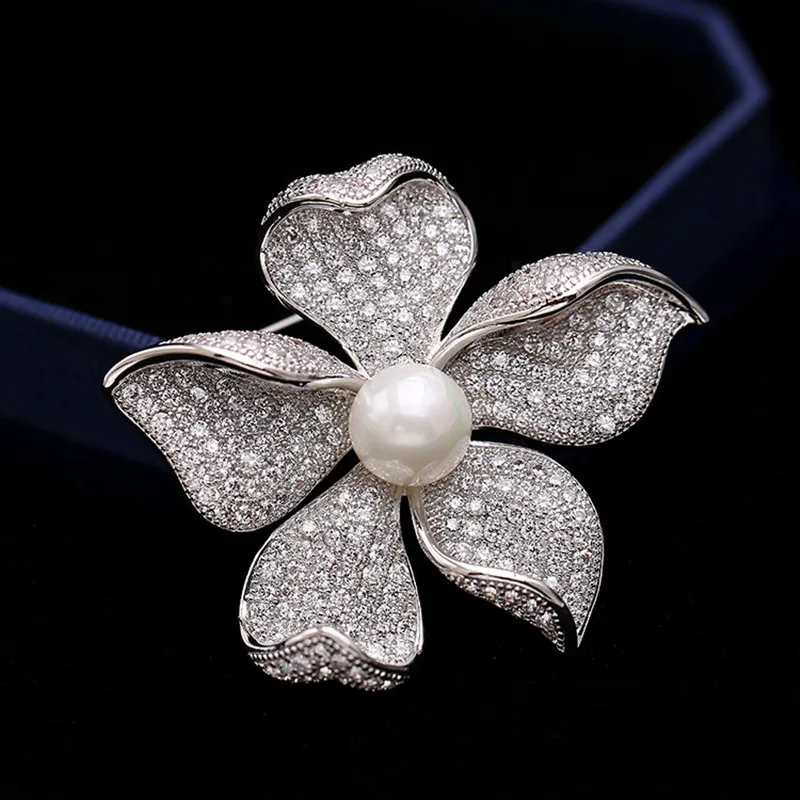 FXLRY New Arrive Romantic Fashion Women White ZC AAA Cubic Zircon ,Pearl Flowers Brooches Sweater Coat Accessories