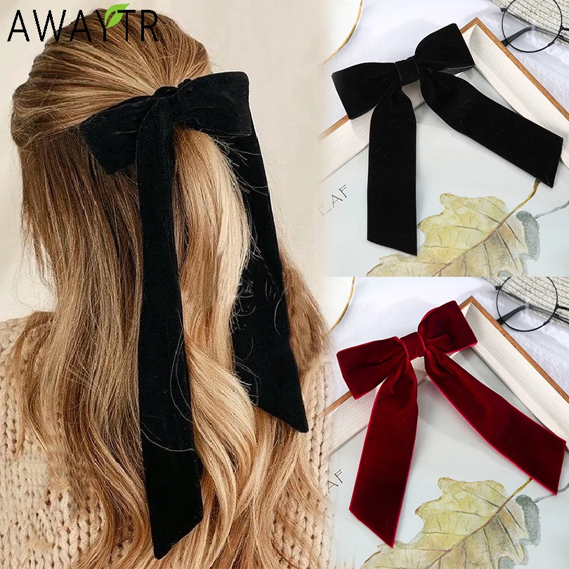 Vintage duża duża aksamitna kokardka spinki do włosów Barrettes dla kobiet dziewczynki ślubna długa wstążka koreańska spinka do włosów Hairgrip akcesoria do włosów