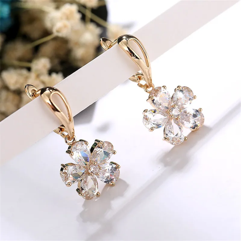 HUAMI Round Earrings 18K Gold Plated Platinum Double  Earrings AAA Zircon Five-Leaf Flower Fashion Earrings Pendant For Women