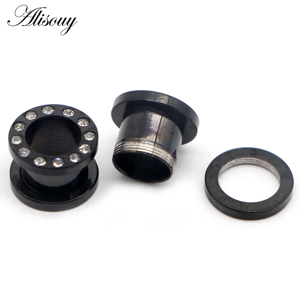 Alisouy 2pcs Steel Paved Crystal CZ Ear Piercing Tunnel Gauge Colorful Screw Fit Ear Flesh Plugs Ear Expander Piercing Jewelry