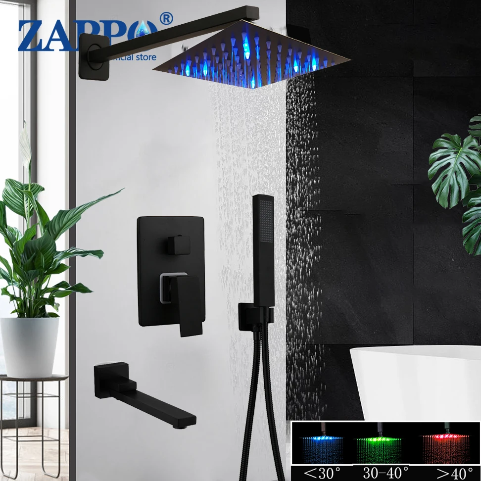 

ZAPPO Matte Black Rainfall Shower Faucet Kits 360 Swivel Bathtub Mixer Rain LED Shower Head Waterfall Spray Shower Faucet Set