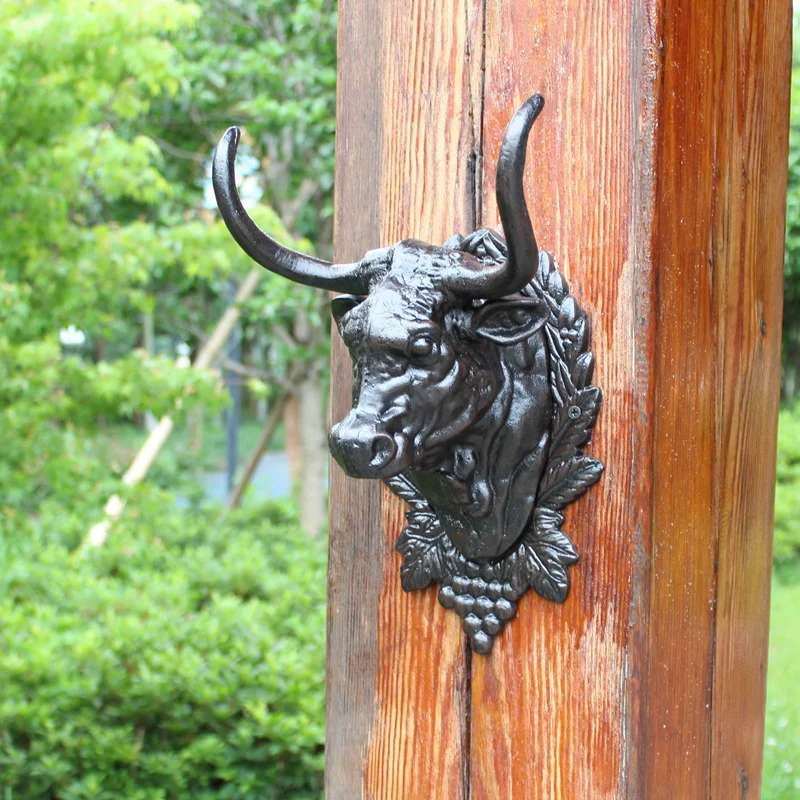 Antique Black Cast Iron Large Cattle Head With Screws For Coffee Bar Home Garden Decoration Wall Mounted Metal Big Bull Figurine