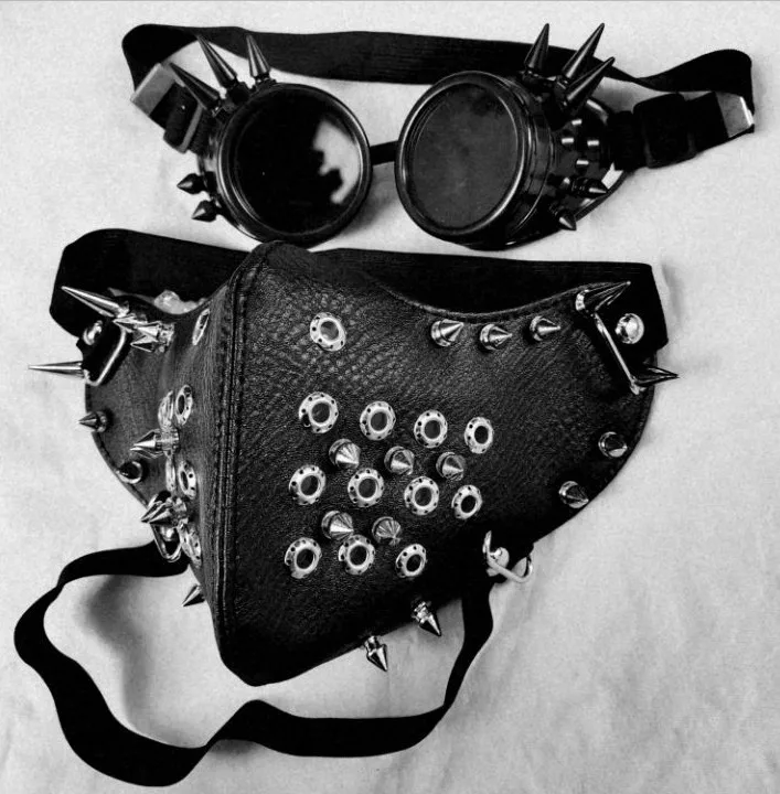 Máscara y gafas de cuero de PU negro con remaches largos, moda Punk, motociclista, Cosplay, antipolvo, remache deportivo, máscara y gafas