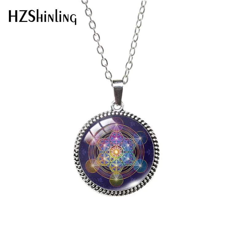 Metatron Cube Sacred Geometry Glass Cabochon Round Antique Necklace Handmade Jewelry