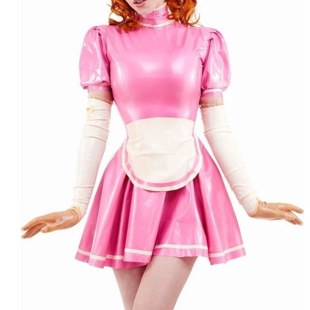 Pink And White Sexy French Maid Latex Dress With Trims At Apron Rubber Uniform Playsuit Bodycon LYQ-0233