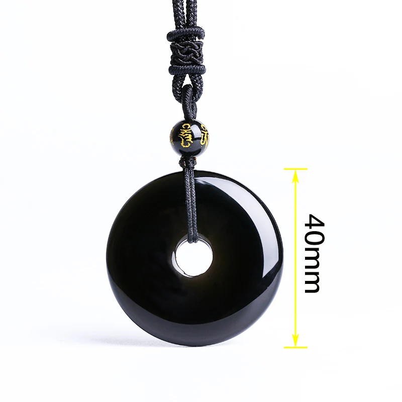 Natural Stone Obsidian Round Peace Clasp Pendants Necklace Trendy Jewelry black Glossy Safety Button Pendant With Lucky Chain