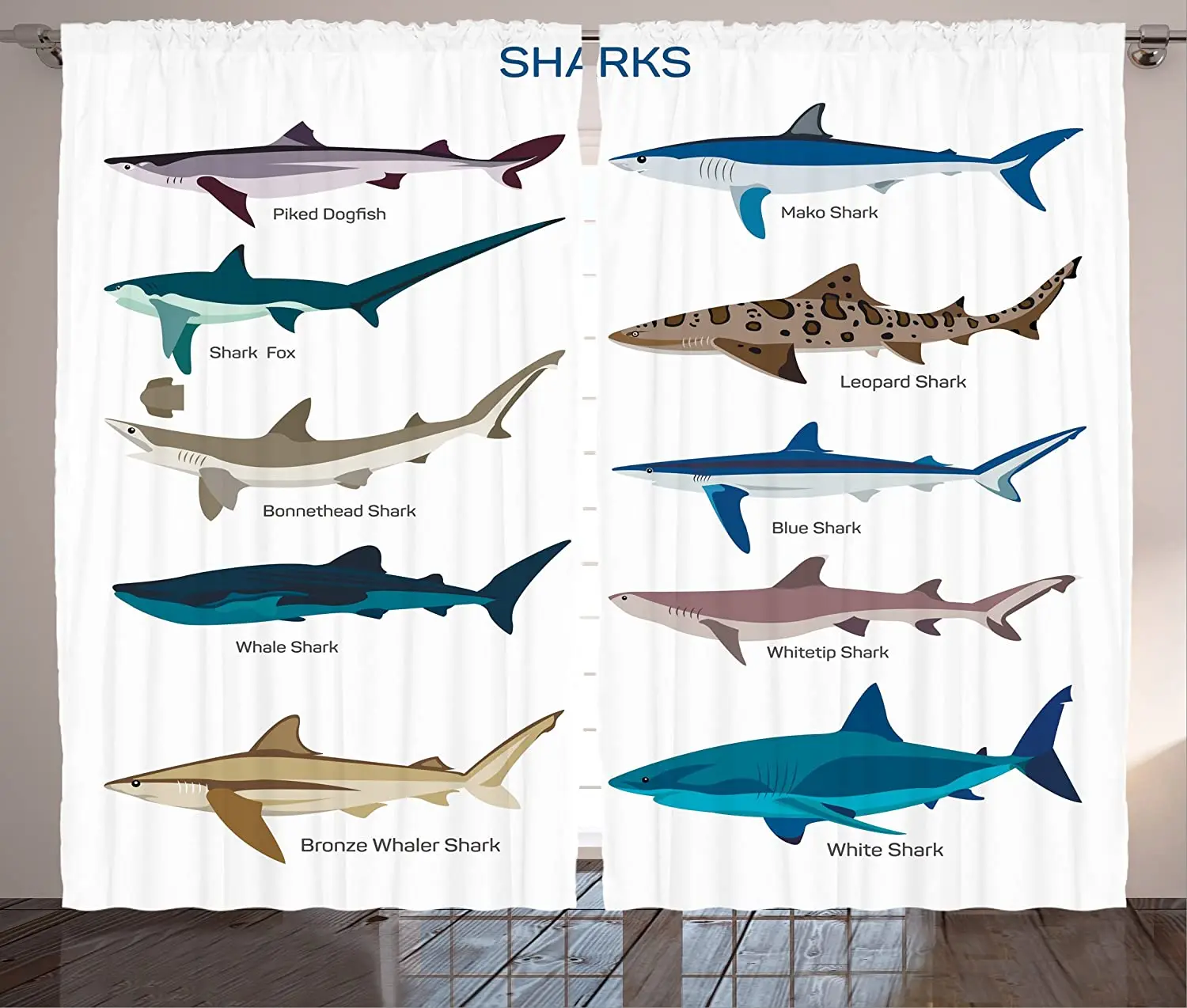 

Shark Blackout Curtains Types of Sharks Bronze Whaler Piked Dogfish Whlae Shark Maritime Design Nautical Window Curtain