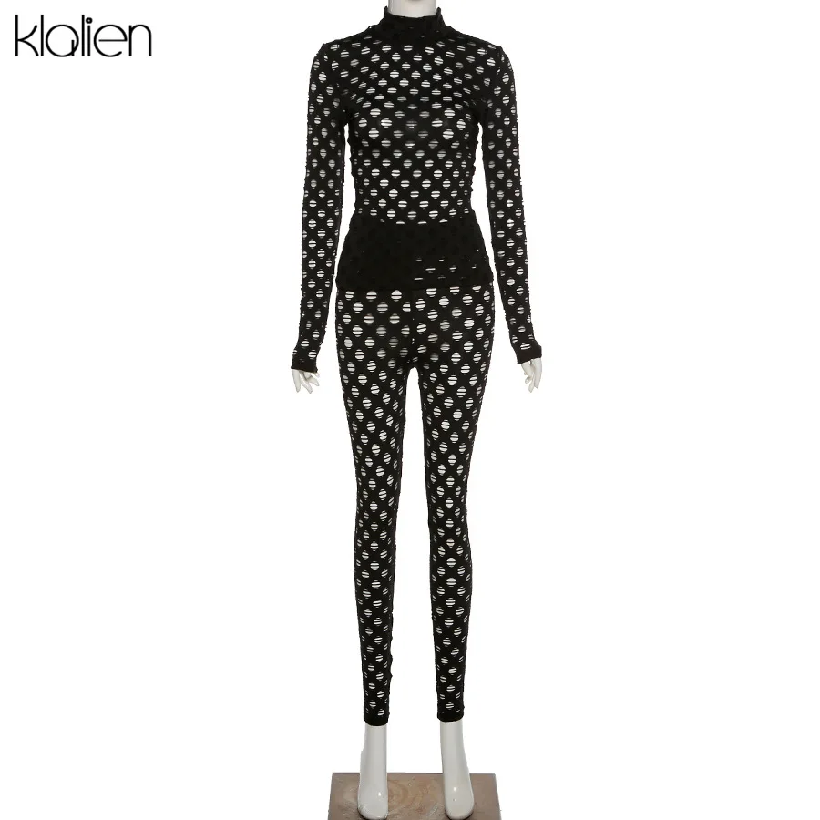 KLALIEN autunno moda Sexy magro elastico solido due pezzi Set donna Streetwear manica lunga Top e pantaloni Sport allenamento completo