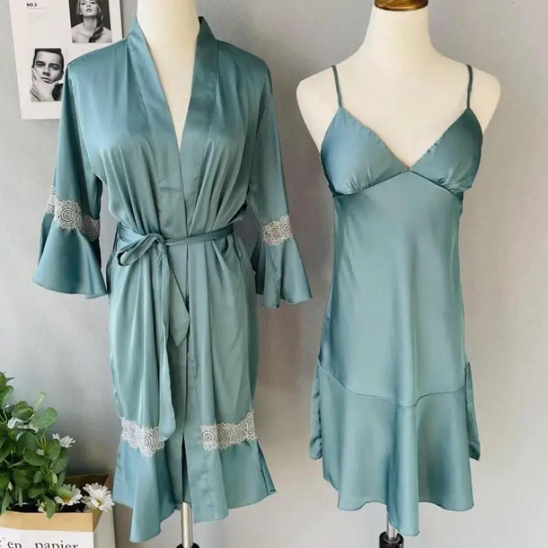 

Casual Kimono Robe Set Women Sexy Lace Homewear Intimate Lingerie Summer New Flare Sleeve Bathrobe Gown Blue Nightgown Sleepwear
