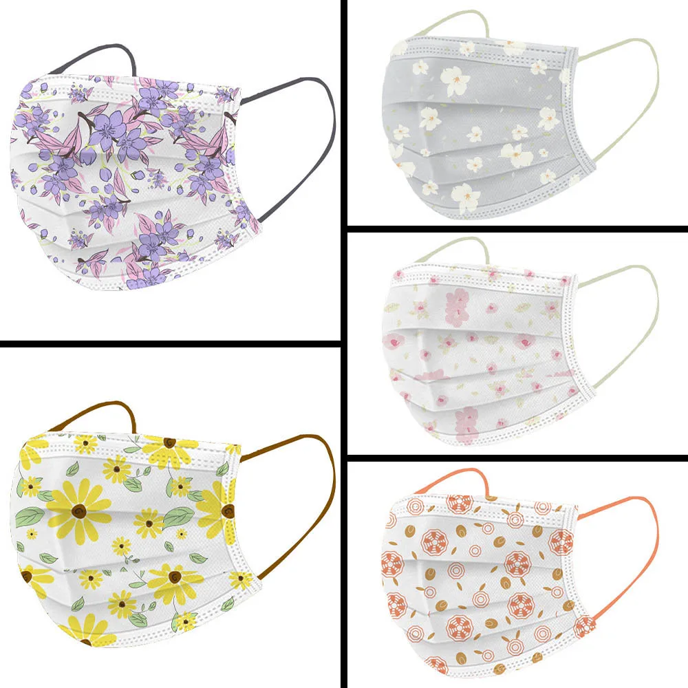 

Flower Print Disposable Mouth Mask With Design Adult Protective Dust Mascara Spring Fashion Women Beautiful Flower Face Cover