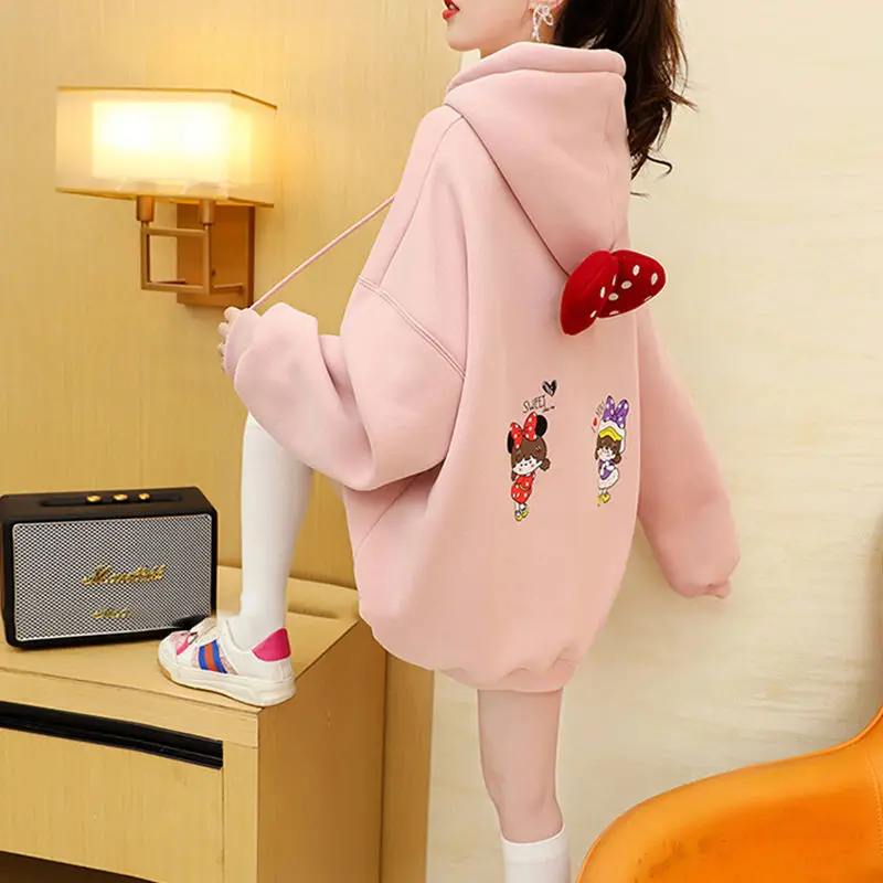 New Plus Velvet Female Bow Pullover Casual Trend Winter Women Sweatshirt Harajuku Harajuku Print Cute Dancing Little Girl Coat