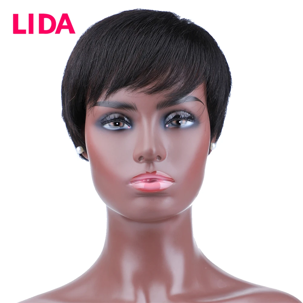 

Парик Lida из коротких человеческих волос, парик Remy, бразильский прямой парик машинной работы, 6 дюймов, 130% плотность, парик из человеческих волос для женщин