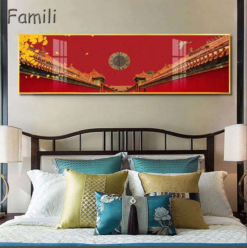 

New chinese style Mountains golden blue banners Canvas painting poster n prints Bedside Wall Art Posters For Living Room Bedroom