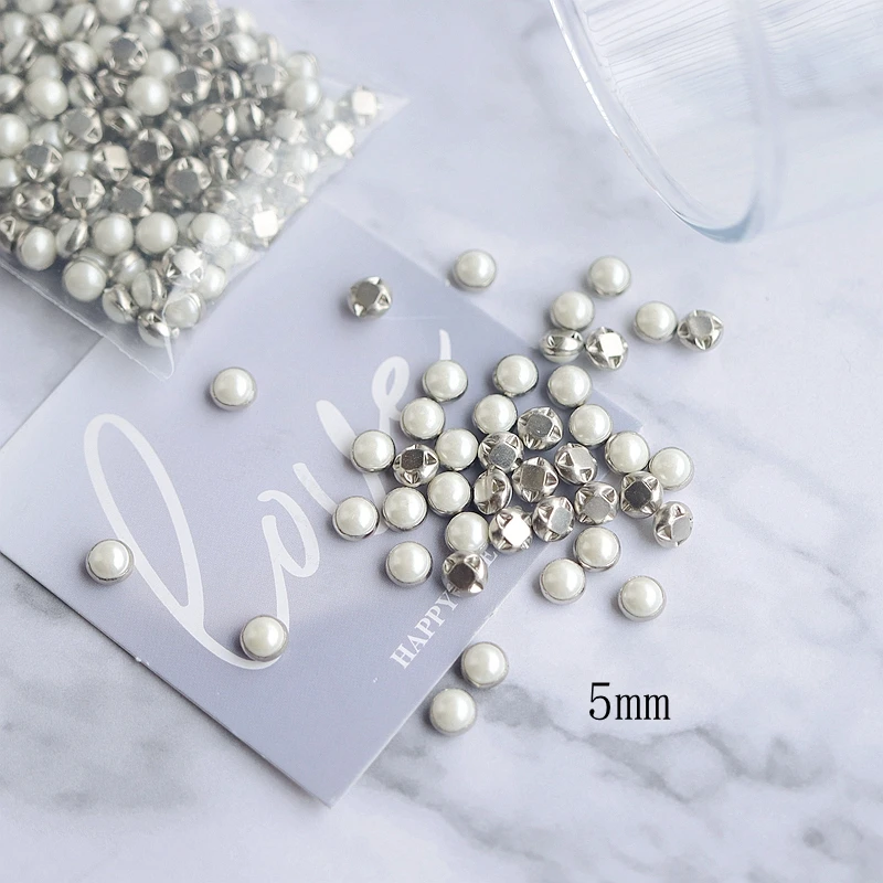 50pcs 5mm Silver/Gold Back White Pearl Round Mini Buttons Tiny For Dolls Crafts Scrapbooking DIY