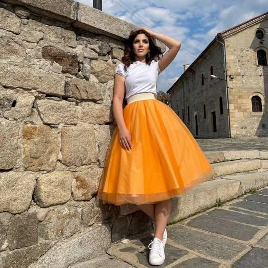 Orange Layered Tulle Ball Gown High-Waisted Skirt Yellow Skirt Midi Skirts Woman Clothes Korean Style Party Skirt Plus Size