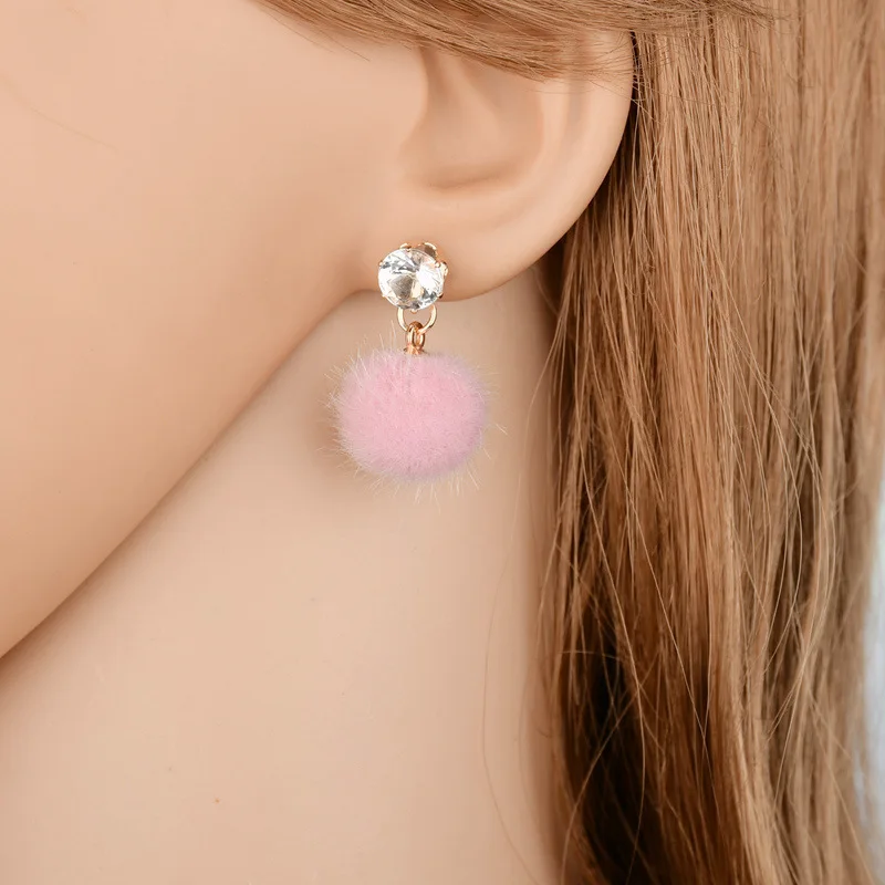 Korean Sweet Hair Ball Dangle Earring For Women Jewelry Pink Red Crystal Female Personality Simple Pink Plush Fur Brincos Gift