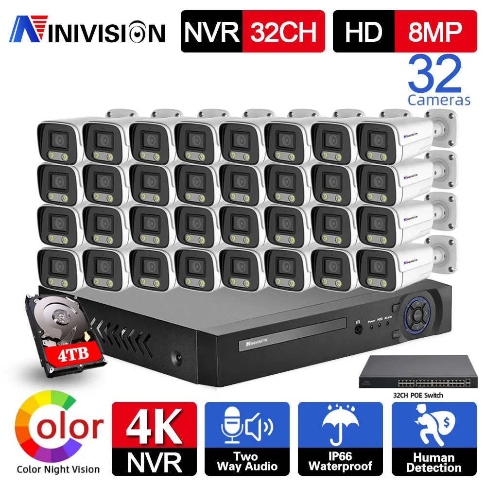 NINIVISION 32CH 4K POE NVR Kit 8MP Two Way Audio Camera 8MP indoor Color Night Camera CCTV Video Surveillance Security System