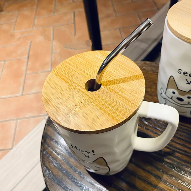 Tazza di Design creativo per cani tazza da caffè in ceramica con coperchio in legno cannuccia in acciaio inossidabile 600ml tazze da tè al latte di