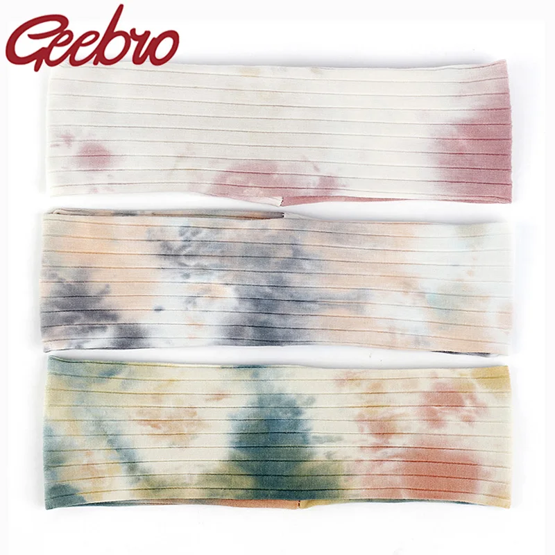Geebro damska prążkowana bawełniana opaska Tie Dye wielokolorowa na co dzień płaska miękka modna opaska do włosów Stretch Lady Girl akcesoria do włosów