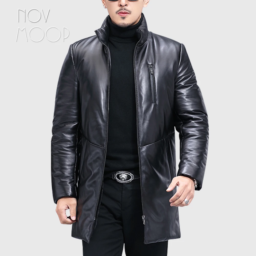 Novmoop genuine leather men's winter down coat French chic neat cutting casual smart style warm LT3378