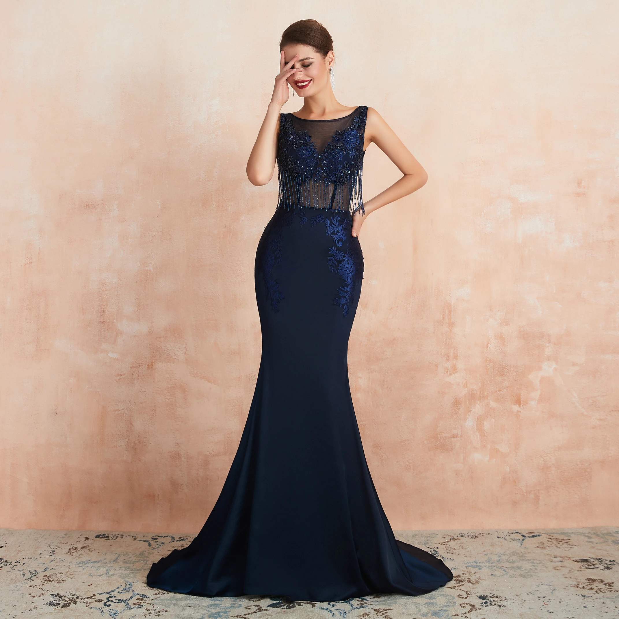 JaneVini Vintage Navy Blu Lungo Abiti da ballo Della Sirena 2019 Scoop Neck Nappa Borda Backless del Raso Del Vestito Vestido Para Formatura